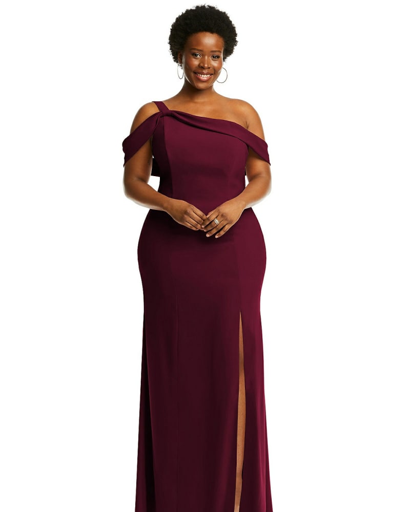Front of a model wearing a size 18W One-Shoulder Draped Cuff Maxi Dress with Front Slit in Cabernet by After Six. | dia_product_style_image_id:267018